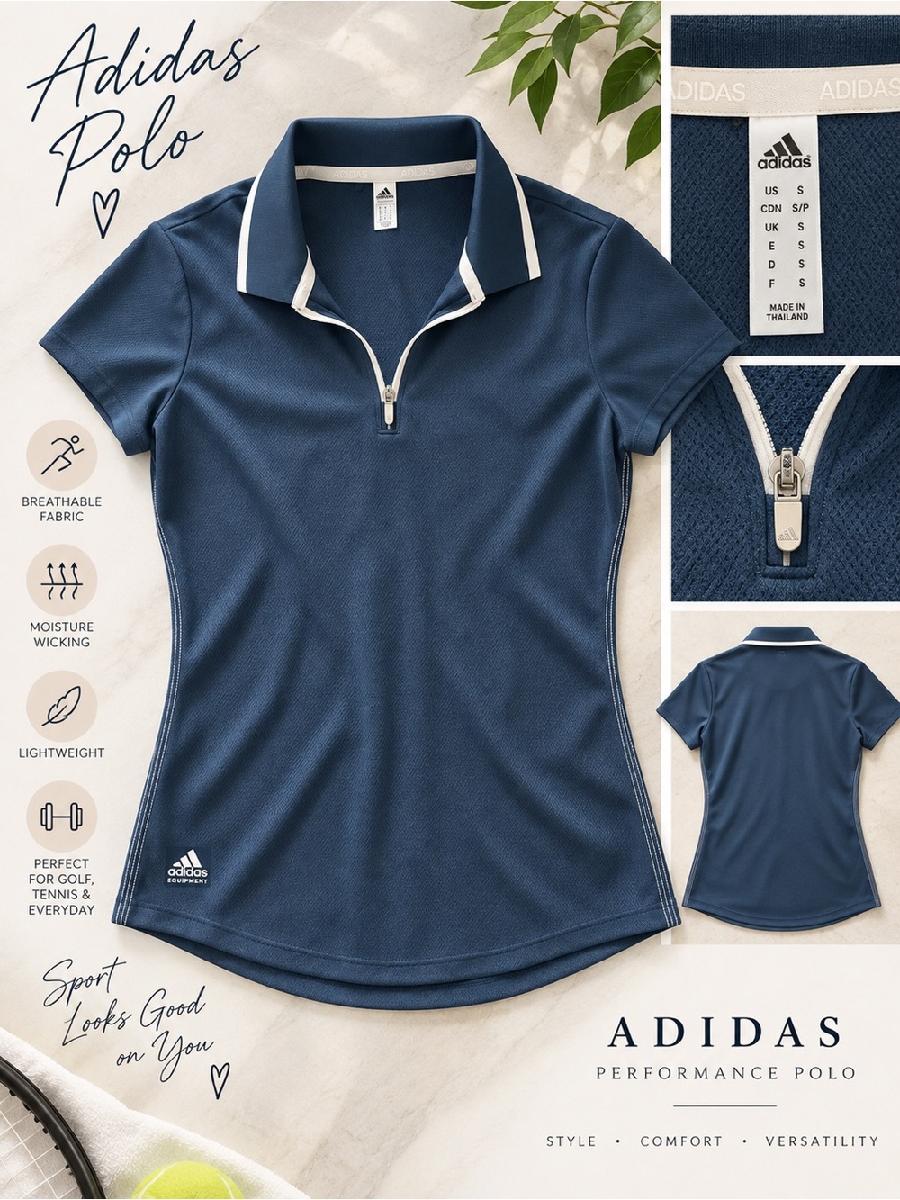 adidas Navy Polo with White Trim - Women’s Short Sleeve Zip Gold Tennis Small